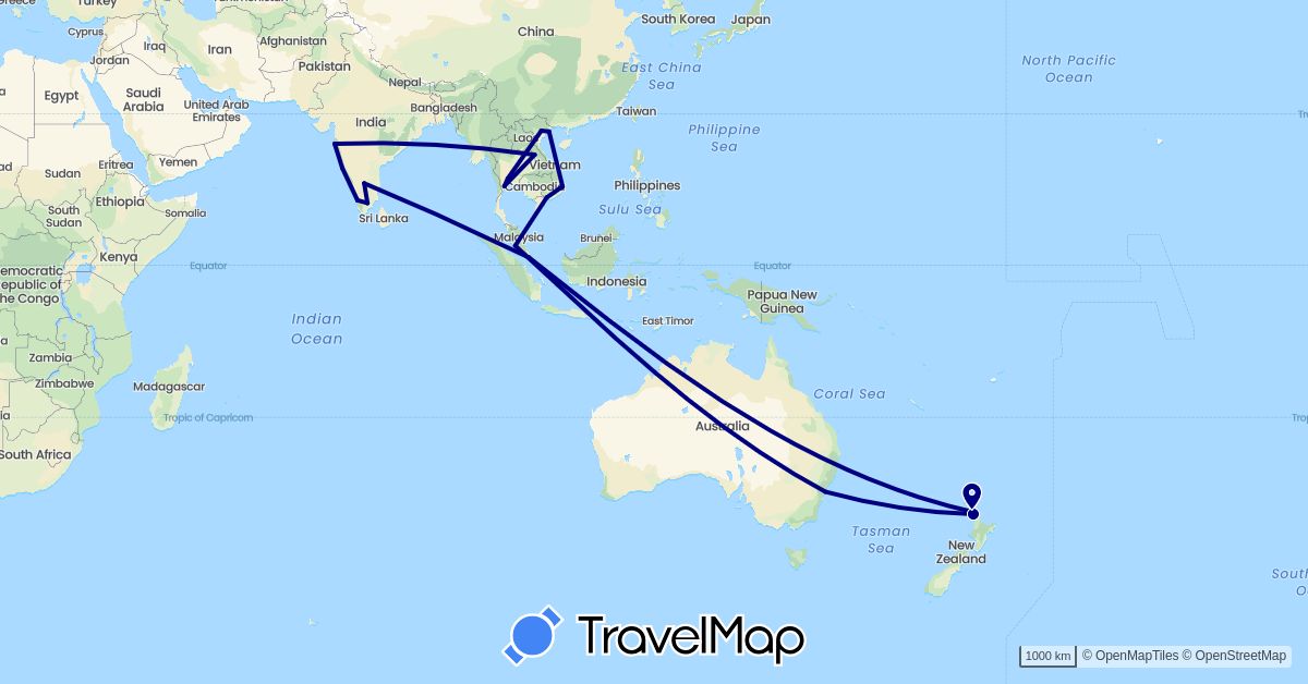 TravelMap itinerary: driving in Australia, India, Malaysia, New Zealand, Singapore, Thailand, Vietnam (Asia, Oceania)